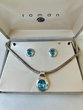 Roma Blue Crystal Pendant Necklace with Matching Stud Earrings - Silver Tone